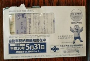 大阪府の自動車税納付通知書